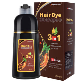 Meidu Black Hair Dye Shampoo bottle pour shows quick gray coverage potential