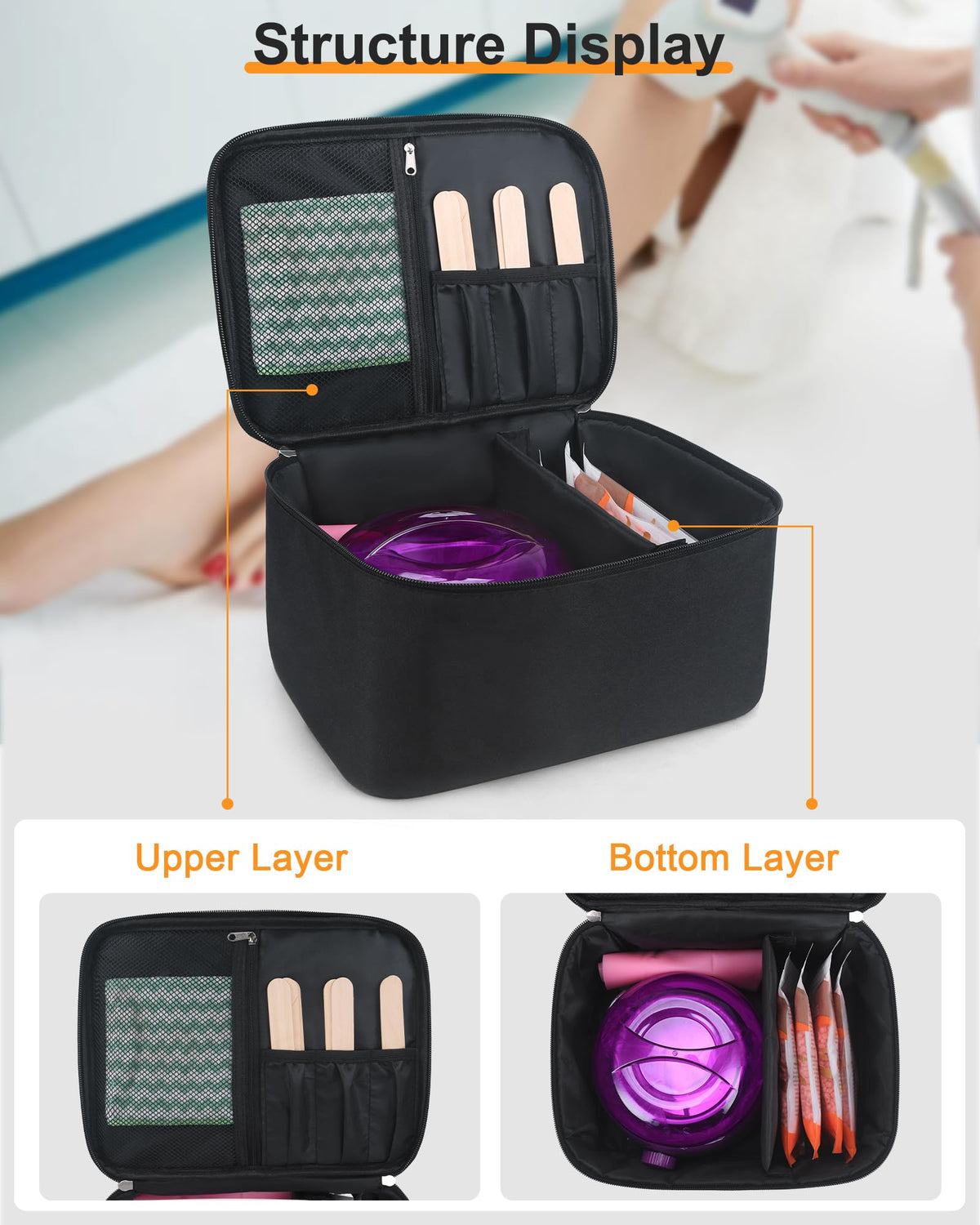 Meiiy waxing kit bag interior compartments for wax, sticks and skincare.