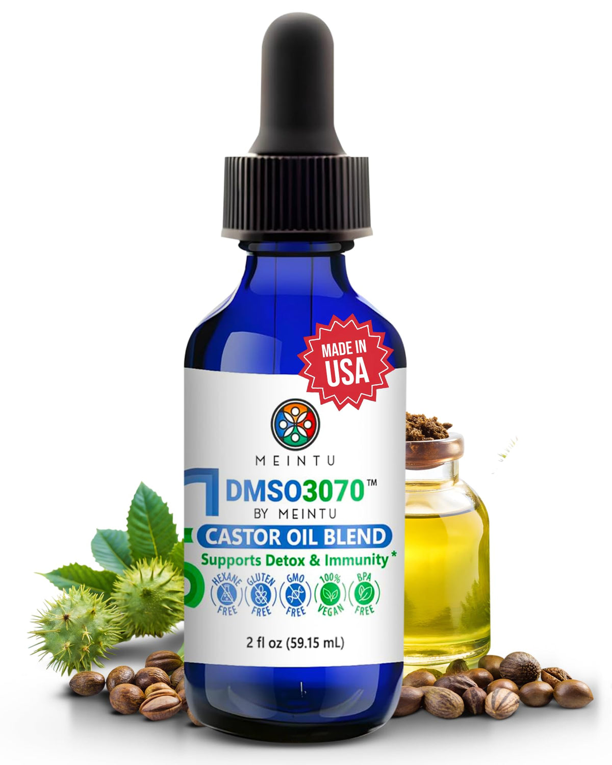 MEINTU DMSO Castor Oil bottle closeup highlighting pure organic formula for skin care