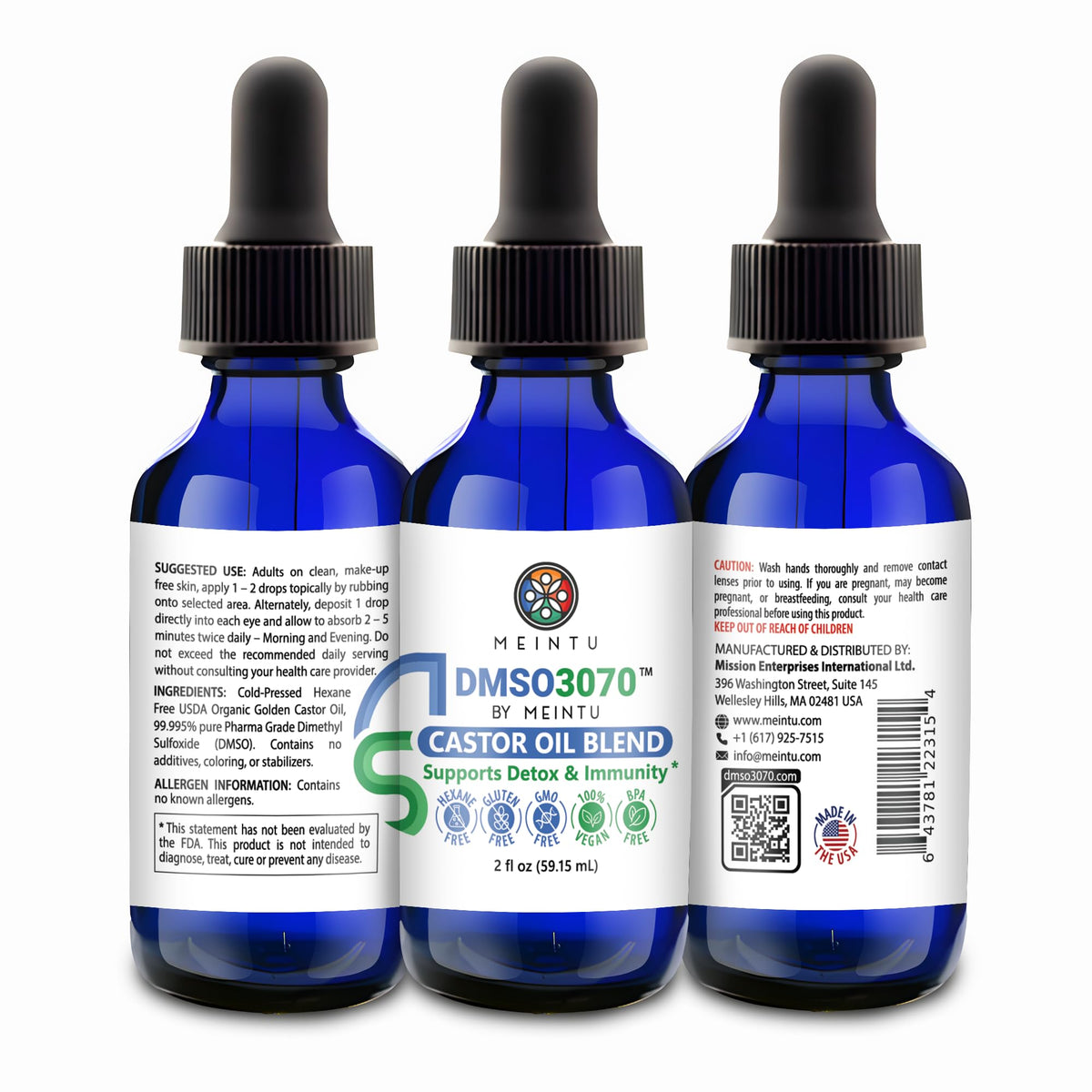 MEINTU DMSO Castor Oil label indicating USA-made formulation