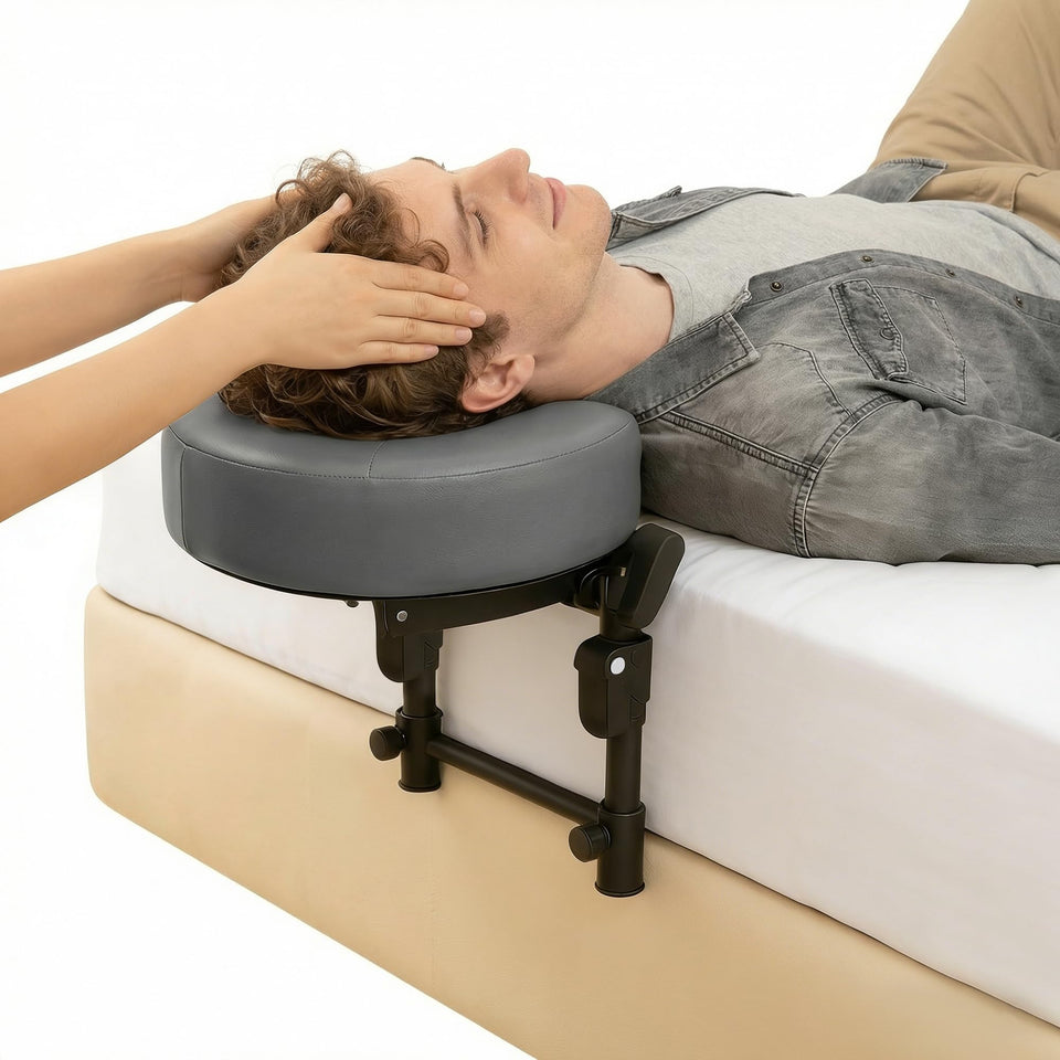 MEKEET massage headrest on bed with under-mattress design for stable positioning