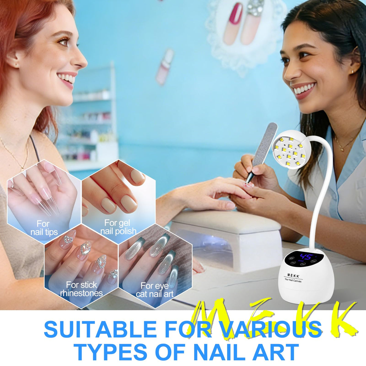 MEKK Gooseneck UV LED Nail Lamp 12 dual-light source delivers even coverage.