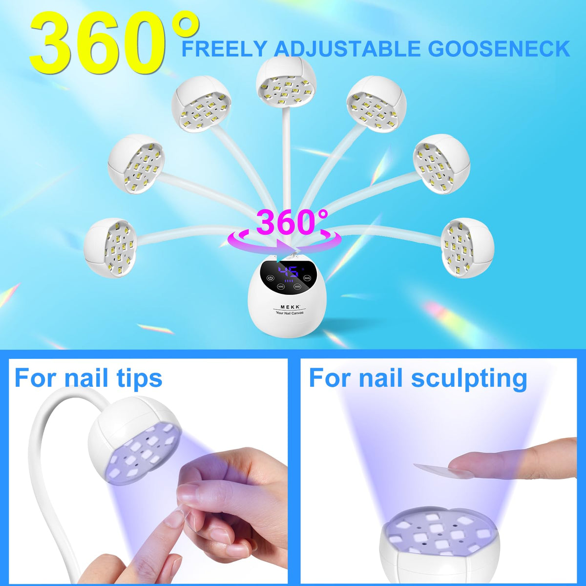 MEKK Gooseneck UV LED Nail Lamp auto sensor enabling easy hands-in curing.