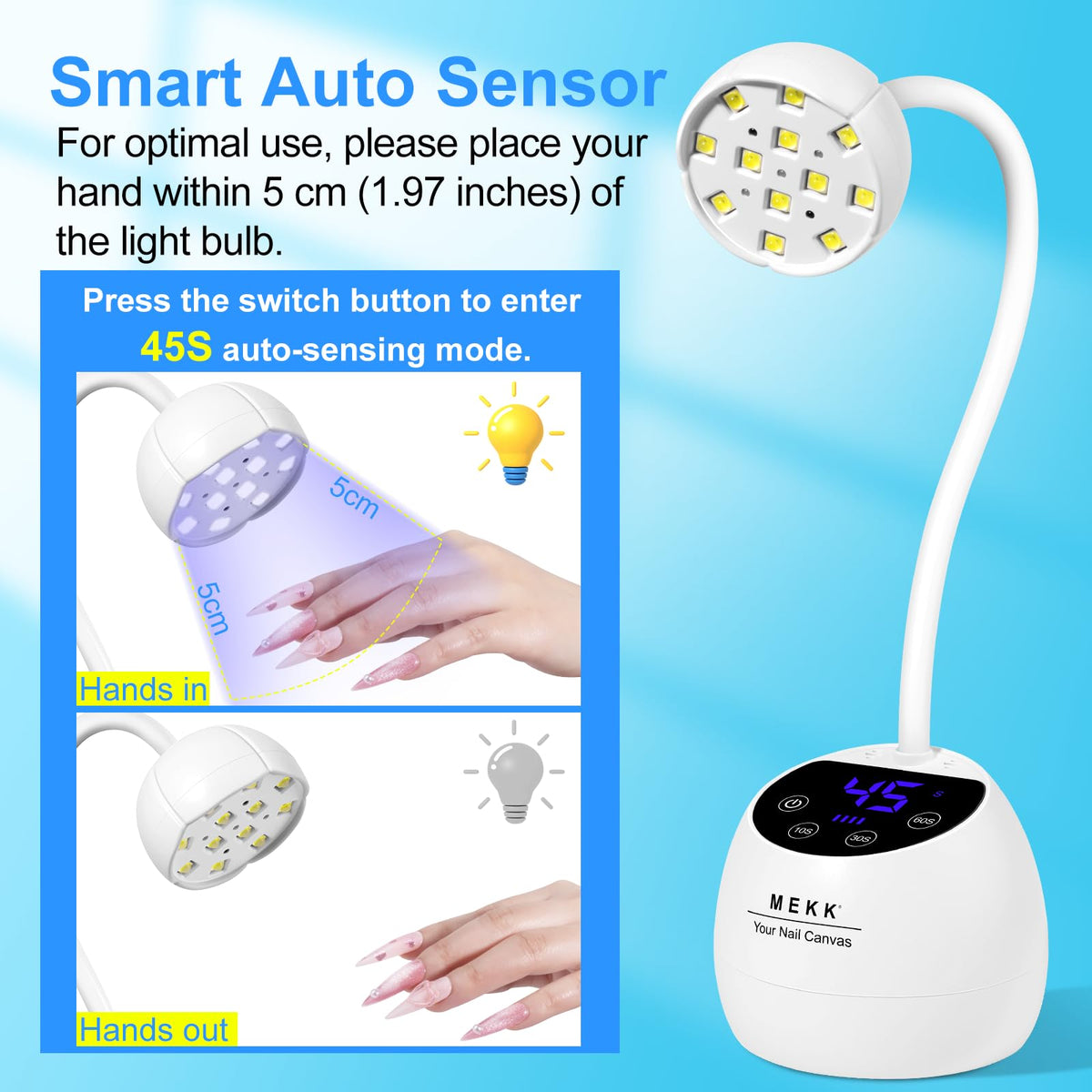 MEKK Gooseneck UV LED Nail Lamp four timers for tailored curing.