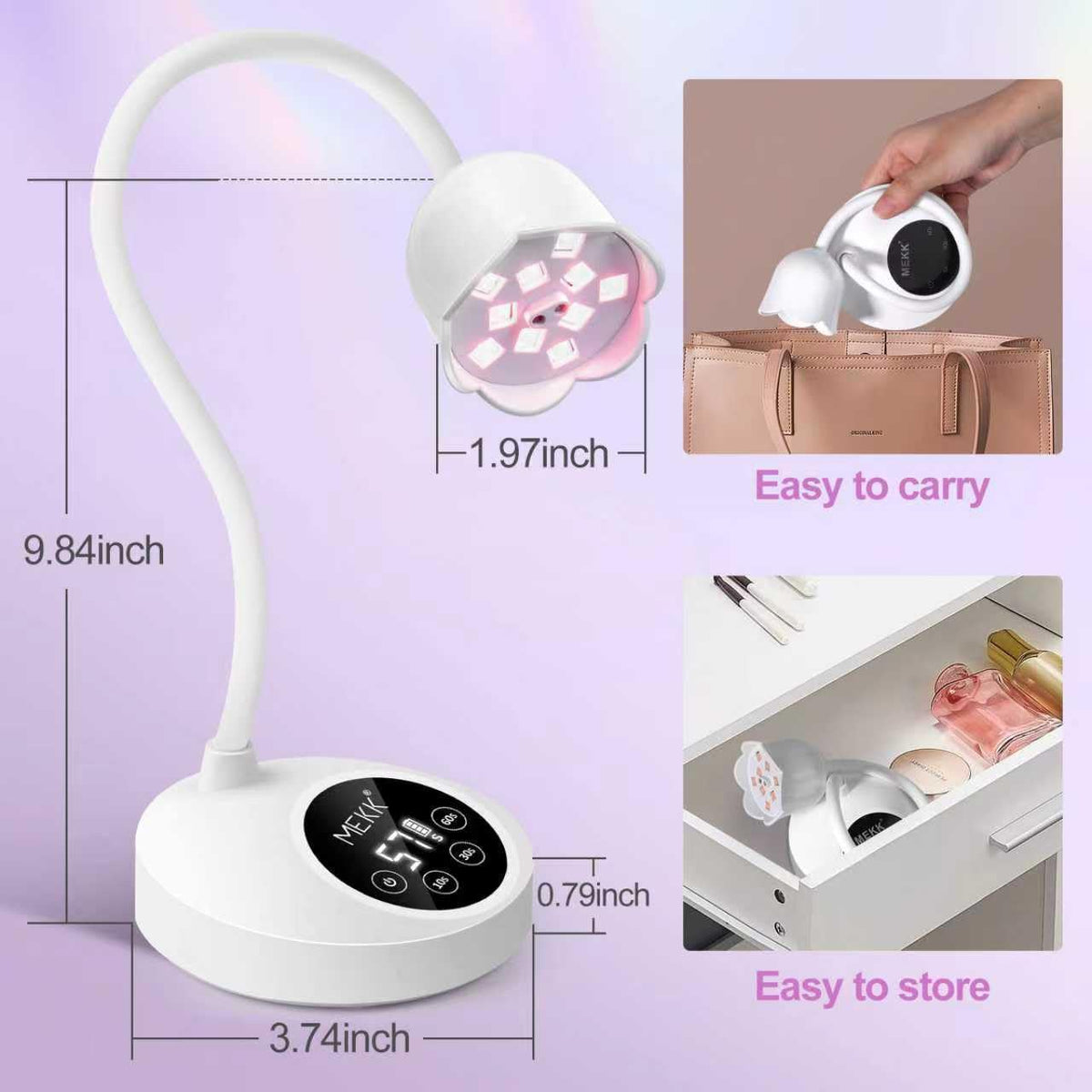 MEKK Gooseneck UV Nail Lamp LCD display provides quick readouts of time, battery, and mode.