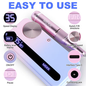 MEKK Nail Drill with LCD display showing speed and battery.