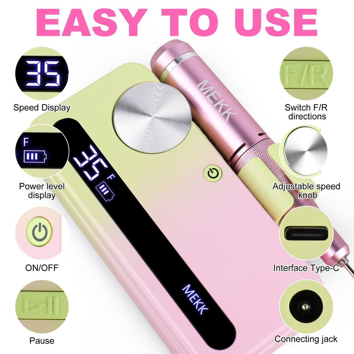 MEKK Nail Drill Kit pen-design fits comfortably for precise control