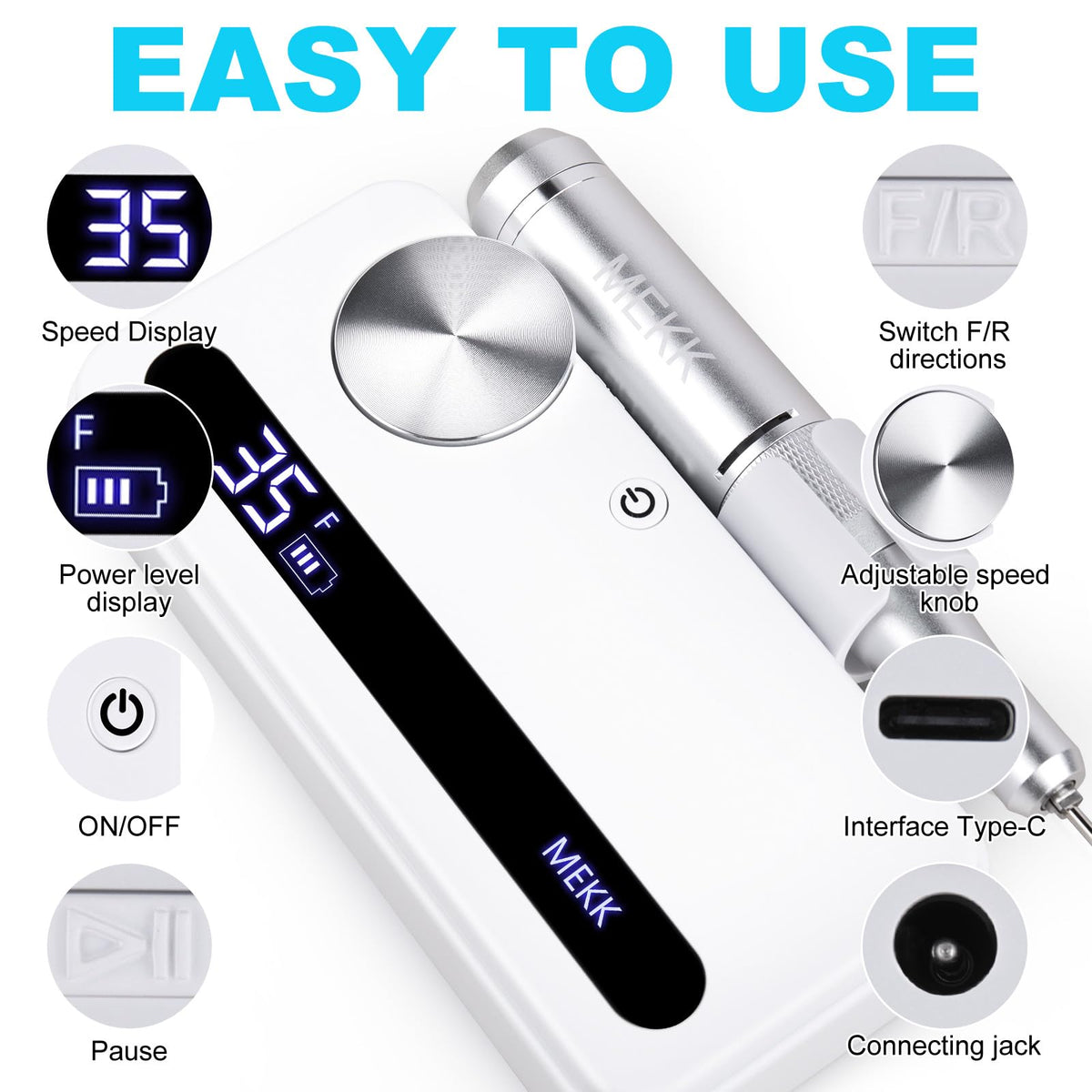 MEKK Nail Drill Kit operates quietly with low vibration and heat management