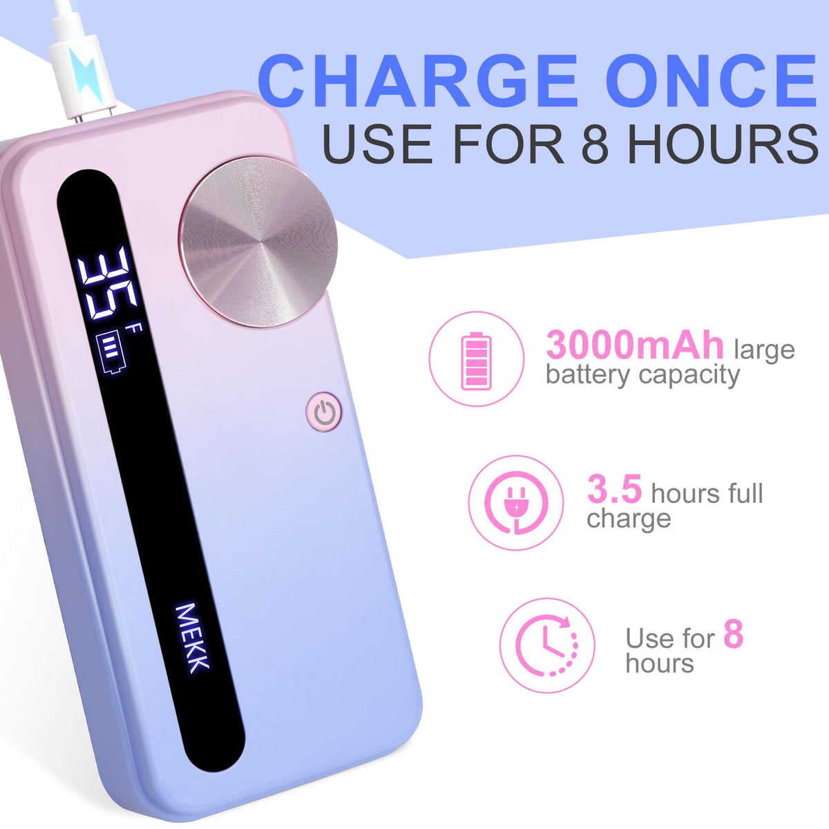 MEKK Nail Drill Kit USB-C charging for quick top-ups.