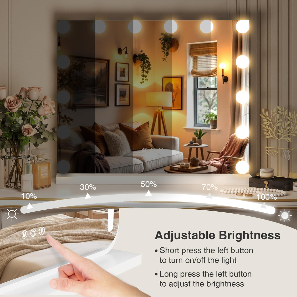 MEKKLEON vanity mirror with lights detachable 10x magnifier for close-up detail work.