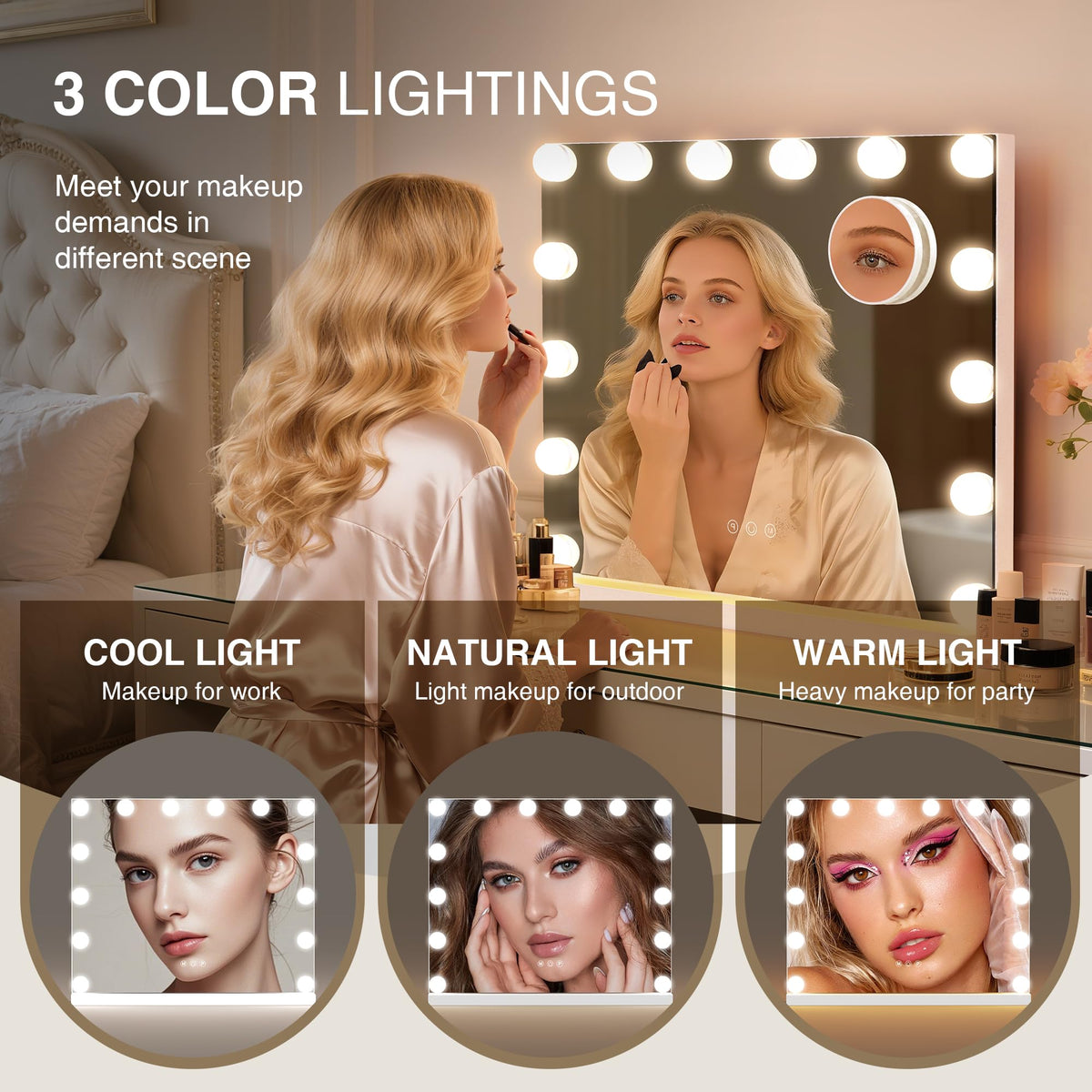 MEKKLEON vanity mirror with lights dimmed setup for mood or tasks.