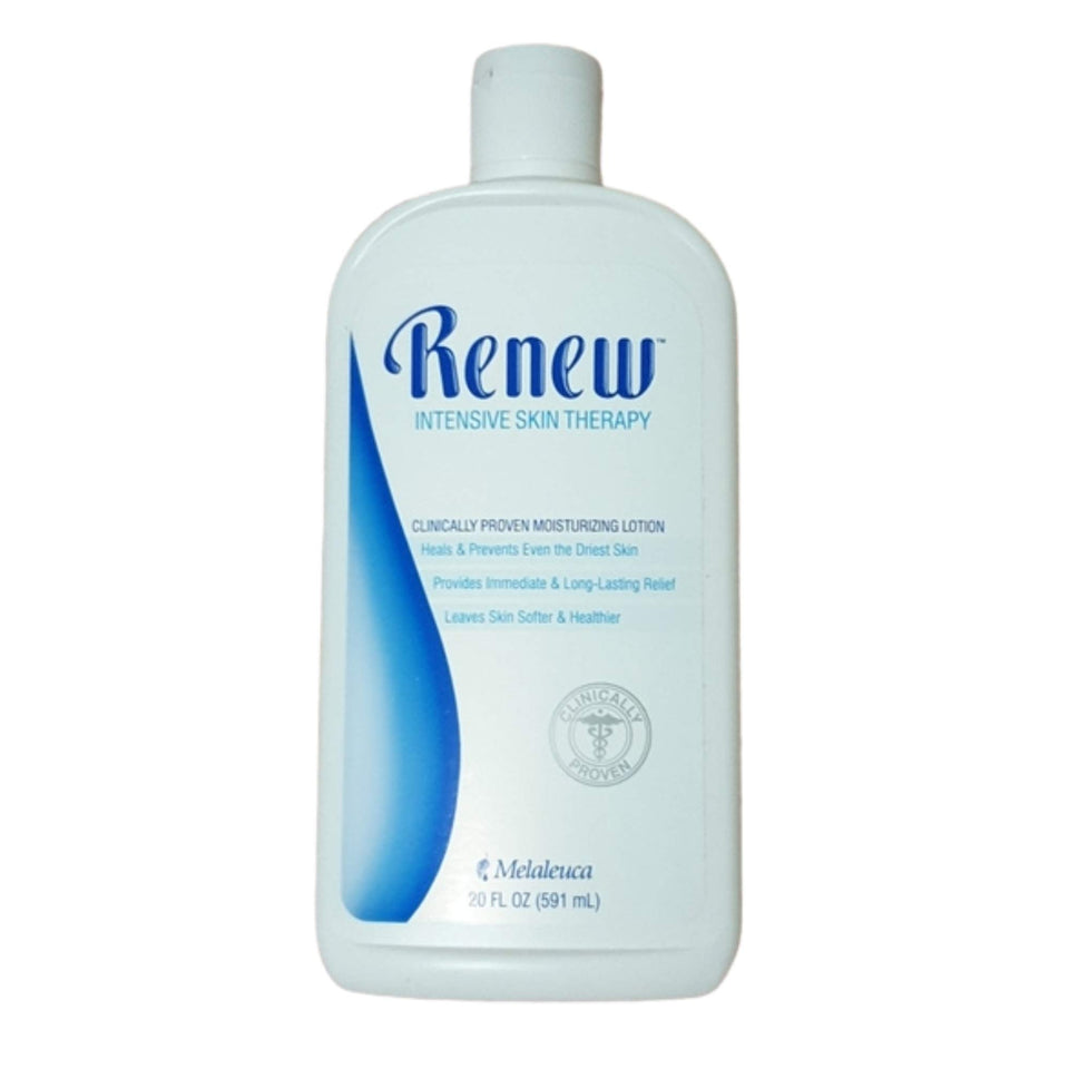 Melaleuca Renew lotion bottle 20 oz showcases deep hydration for dry skin.
