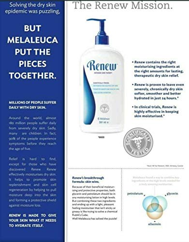 Melaleuca Renew plant-based glycerin blend highlights soothing botanicals.