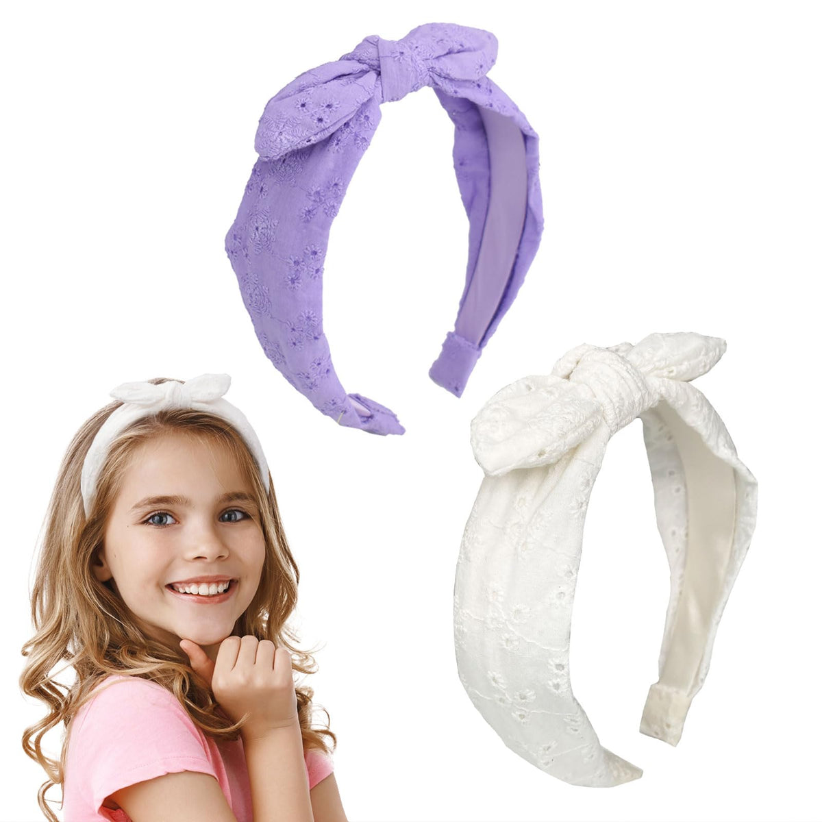 Melbelia bow headbands in purple and white, two-pack for stylish daily wear.