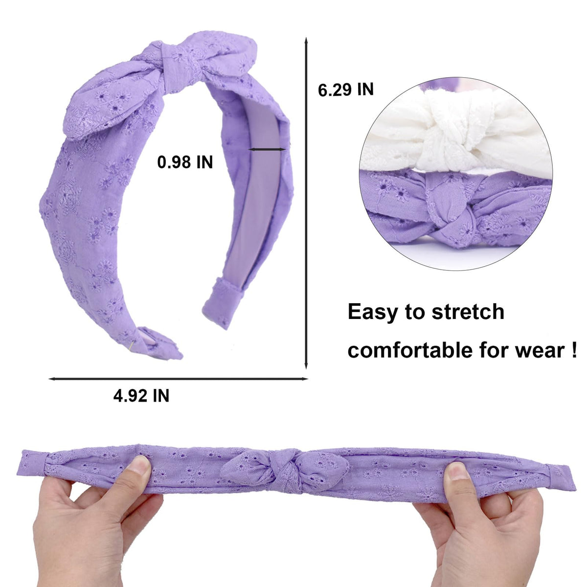Melbelia headband in soft cotton with embroidered flowers for all-day comfort.