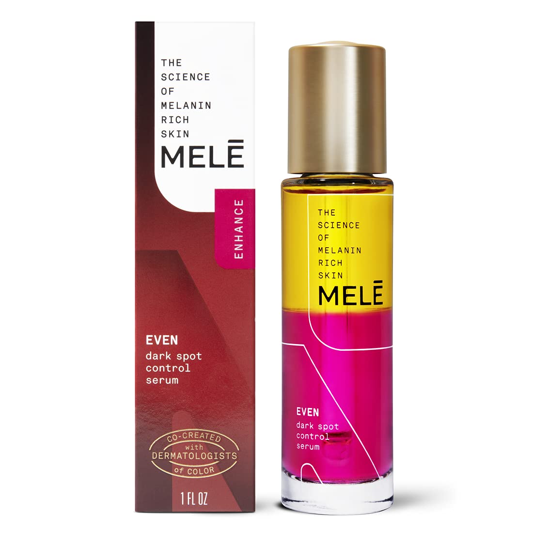 Mele Even Dark Spot Serum bottle pour highlights targeted dark spot reduction for an even complexion