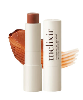 Melixir vegan lip butter caramel swatch showing sheer color and hydration