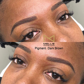 Mellie brow pigment on skin test swatch illustrates natural result possibilities.