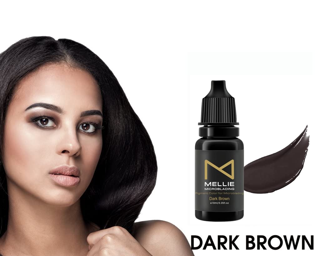 Mellie pigment swatches on card demonstrate dark brown shade for precise brows.