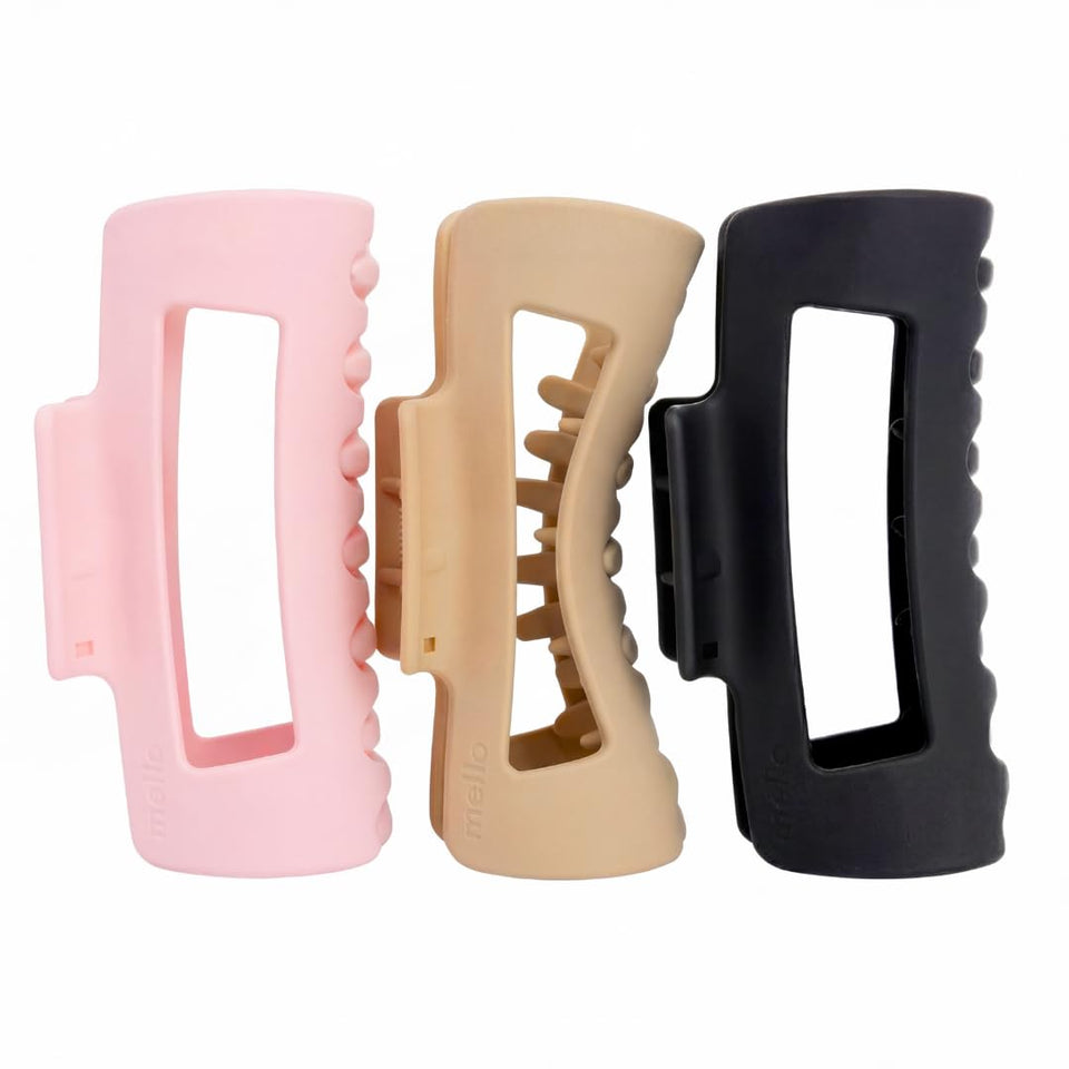 MELLO hair claw clip front view shows compact squishy design for all-day secure wear.