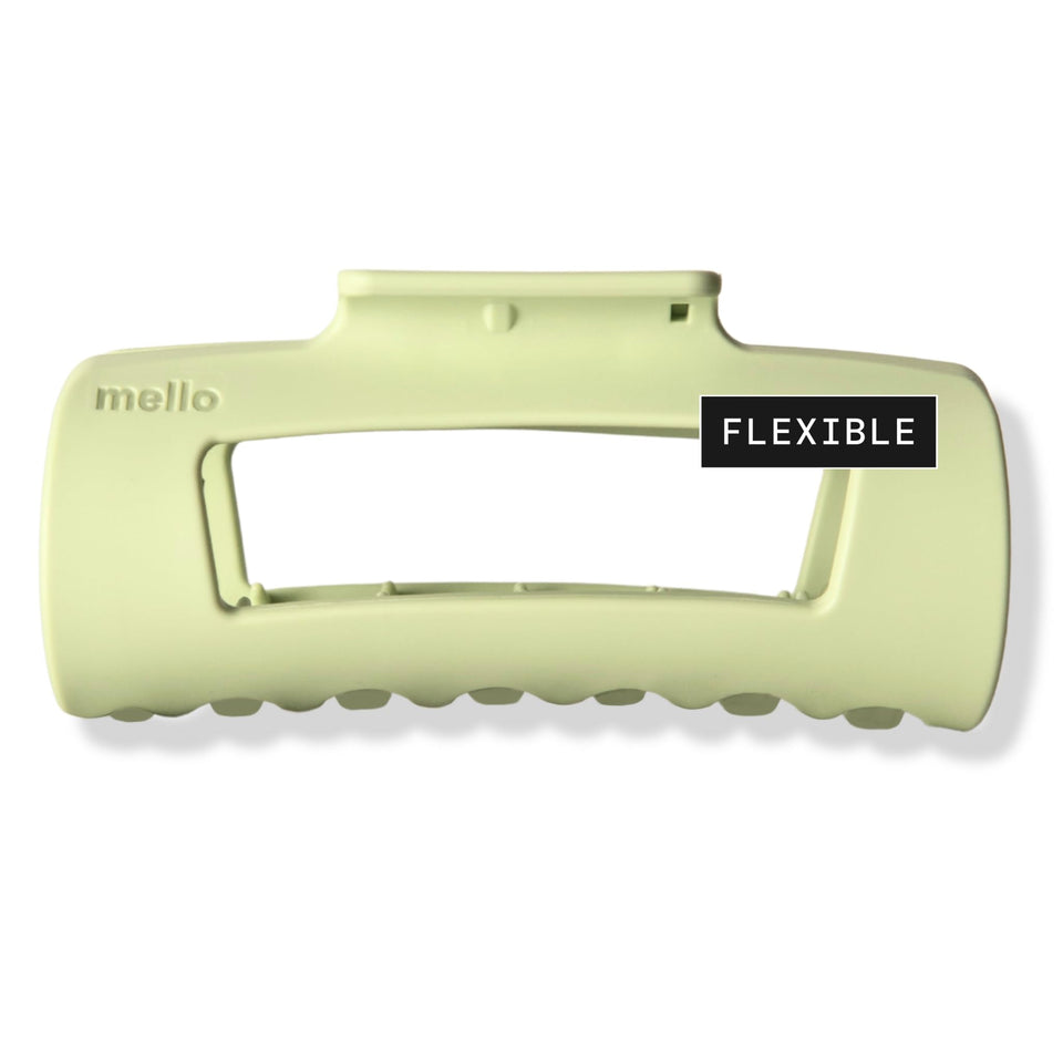 Mello hair clip squishy green closeup shows secure, comfortable hold.