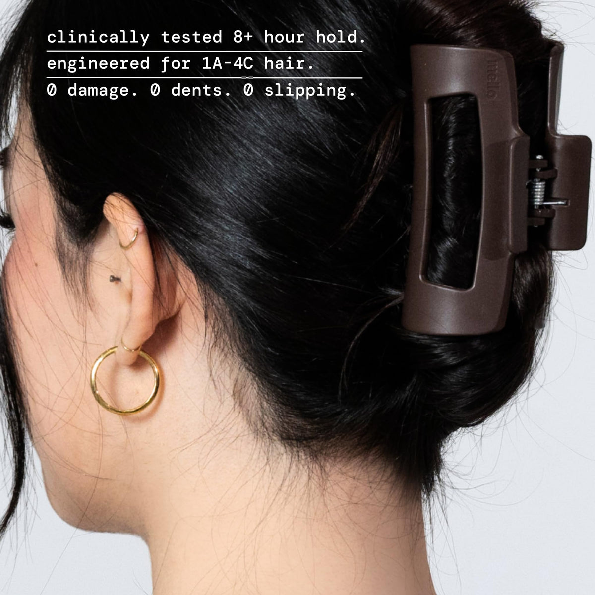 MELLO white CloudFlex clip with inward-teeth design keeps hair in place.
