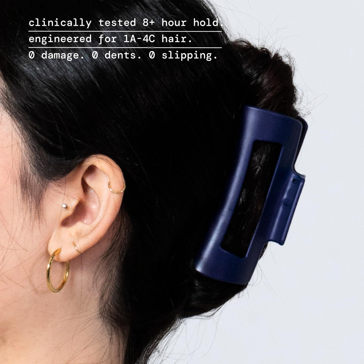 Mello secure-hold demo on fine to thick hair types in blue.