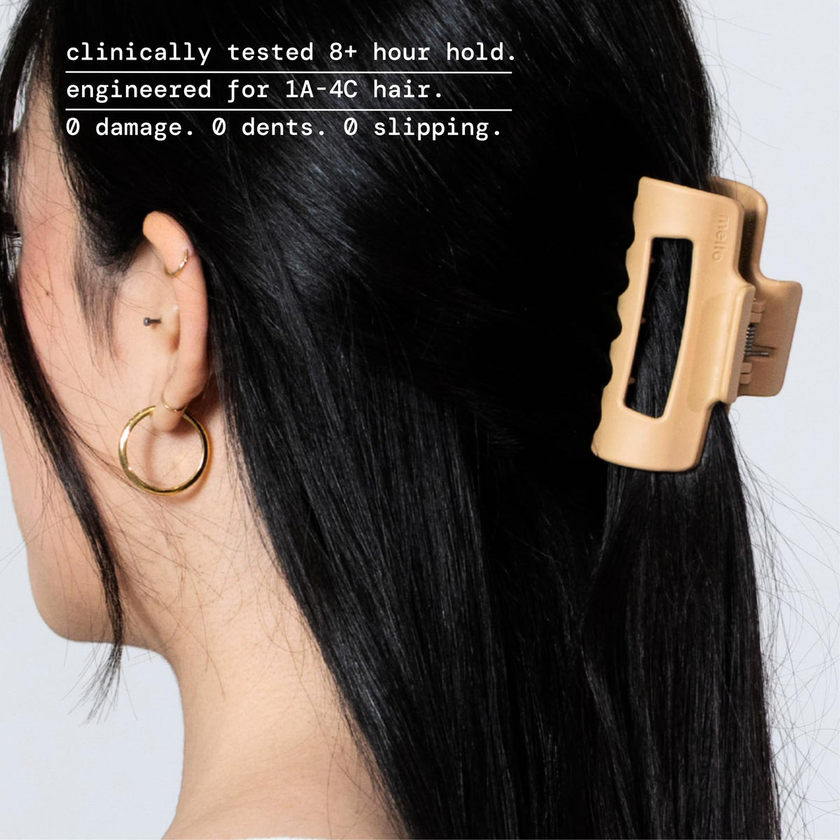 Mello clip securing diverse hair types with secure hold.