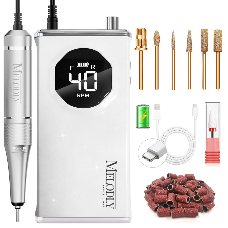 Melodly electric nail drill at 40k RPM for precise acrylic shaping and removal