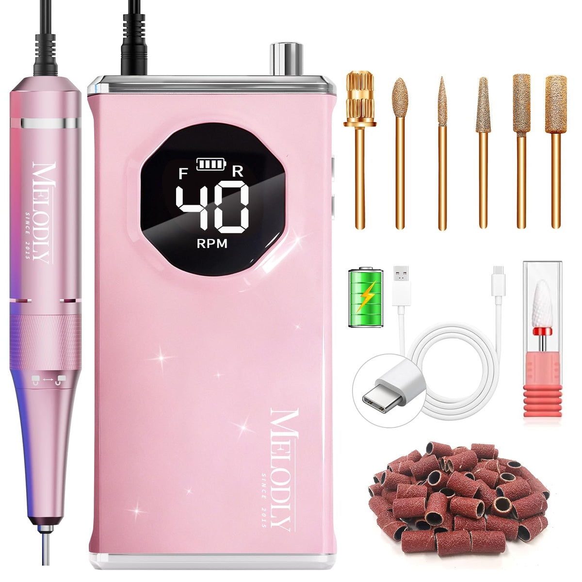 Melodly electric nail drill at 40,000 RPM for precise acrylic shaping