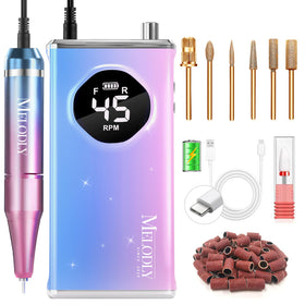 Melodly Electric Nail Drill 45000RPM image shows high speed for acrylic removal.