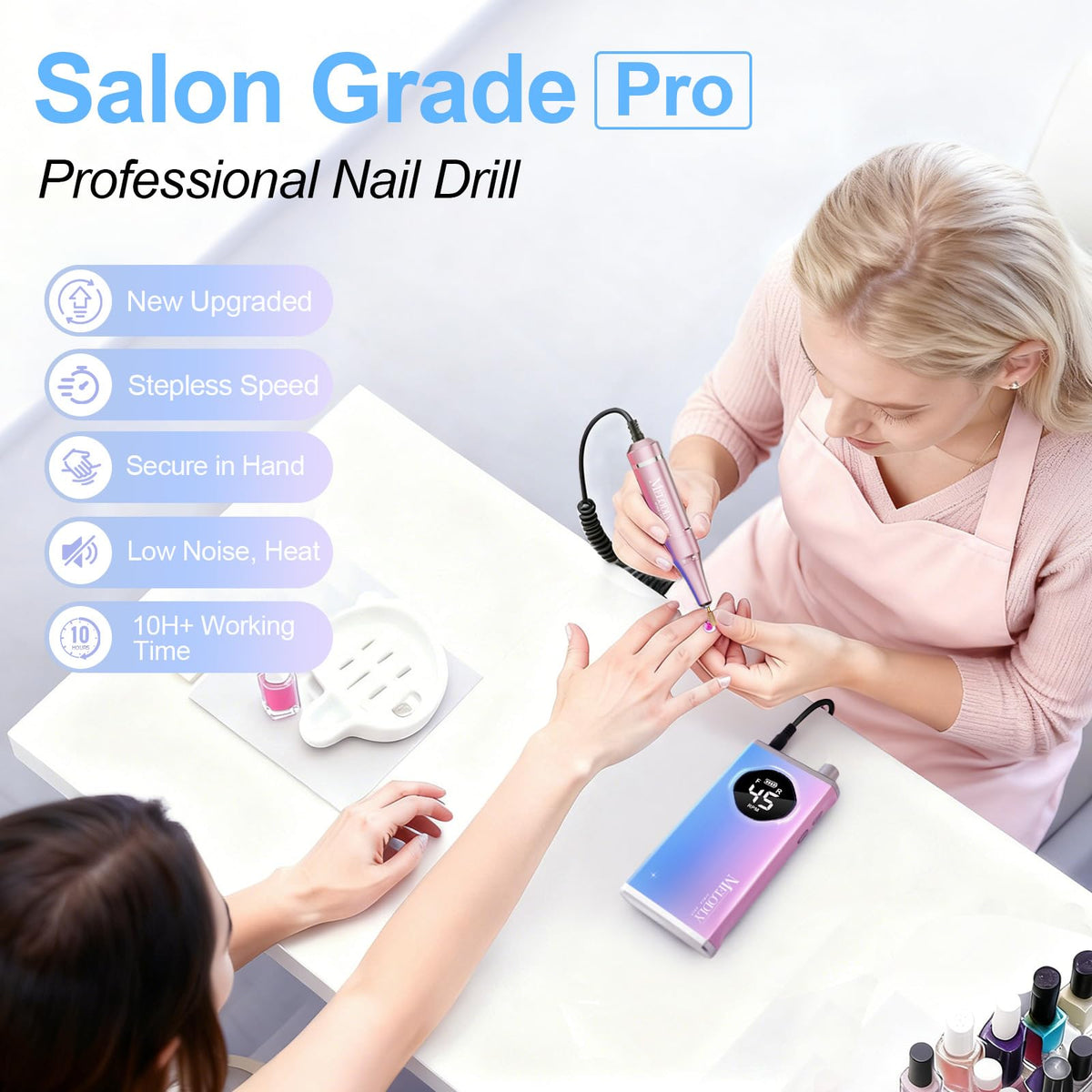 Melodly nail drill LCD display highlights speed and battery level for precise control.