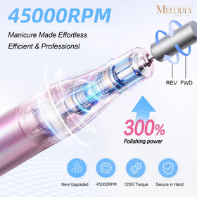 Melodly rechargeable battery nail file demonstrates long-lasting power for extended sessions.