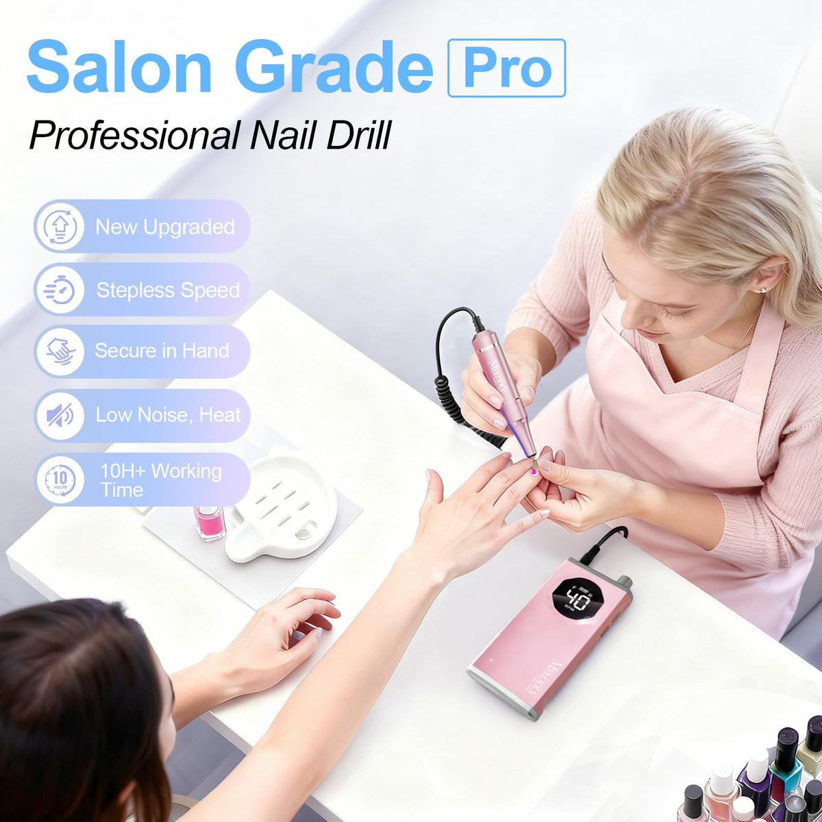 Melodly rechargeable nail file showing battery indicator for long sessions