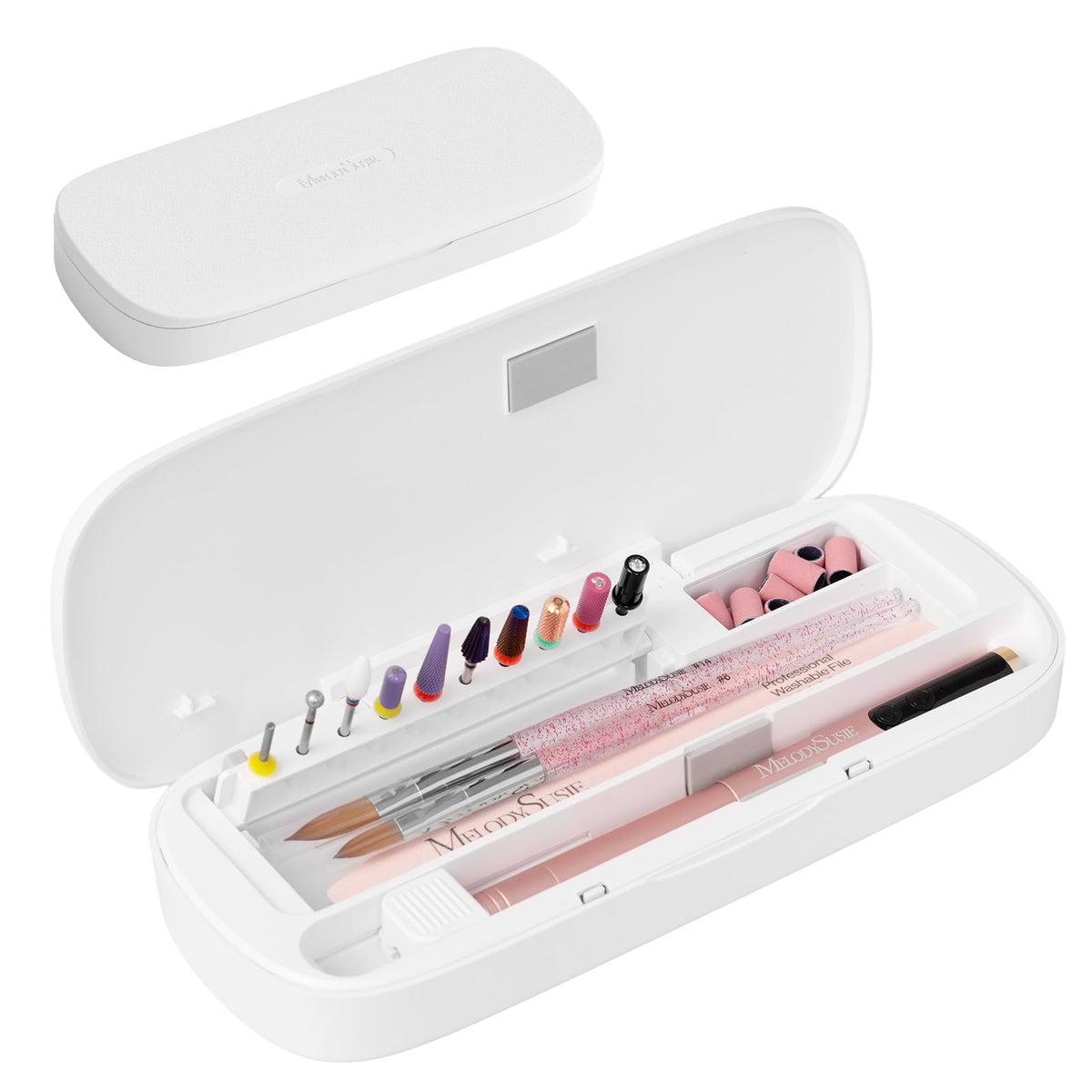 MelodySusie acrylic nail tool storage box front view showing organized interior