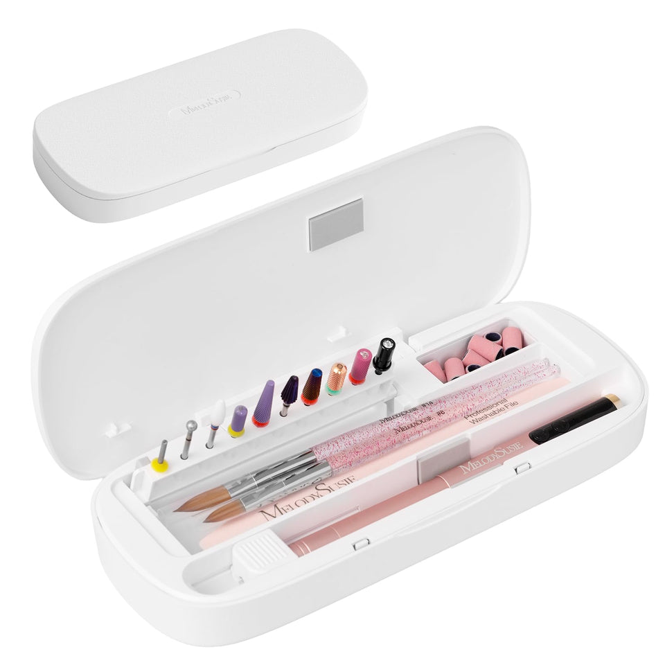 MelodySusie acrylic nail tool storage box front view showing organized interior