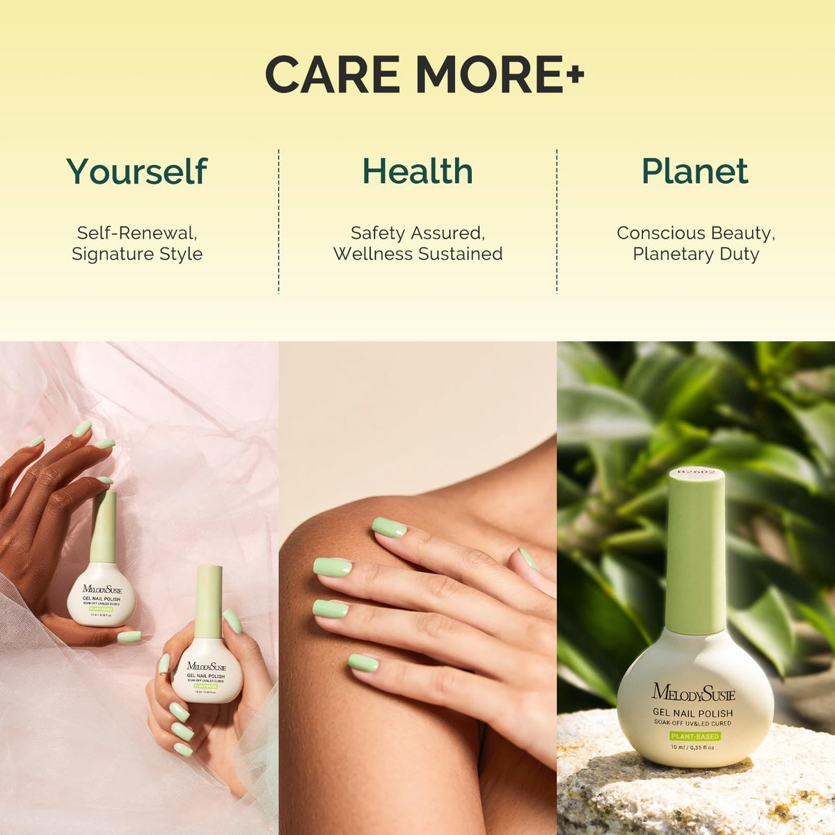 MelodySusie aroma-scent bottle highlights plant-based formula for relaxing manicure.