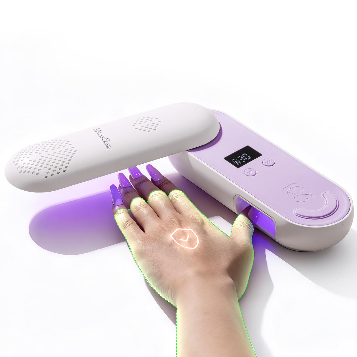 MelodySusie P-PLUS20F compact cordless UV nail lamp with rotatable panel for easy positioning.