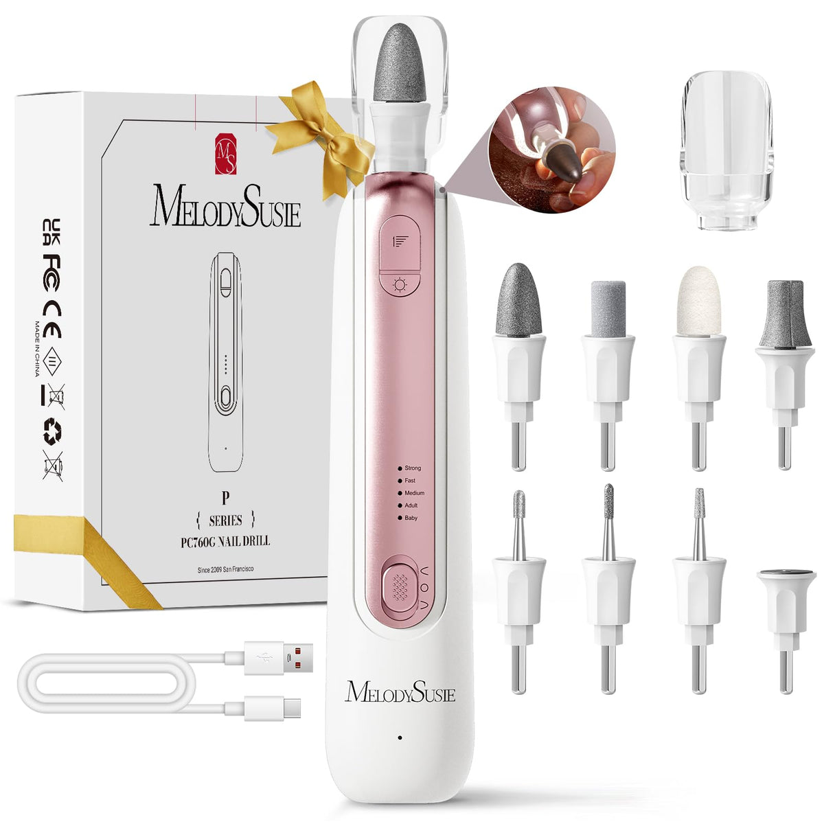 MelodySusie cordless nail drill with 360° LED illuminates the work area clearly.