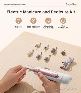 The 5-speed MelodySusie drill adapts to nails, cuticles, and calluses.