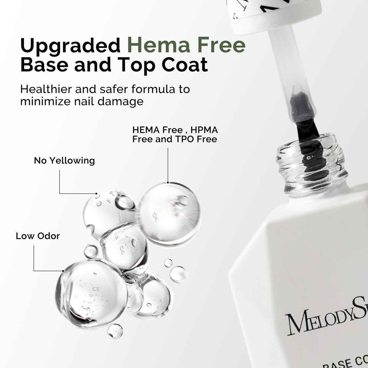 MelodySusie HEMA-free top coat bottle with no-wipe glossy finish for protection.