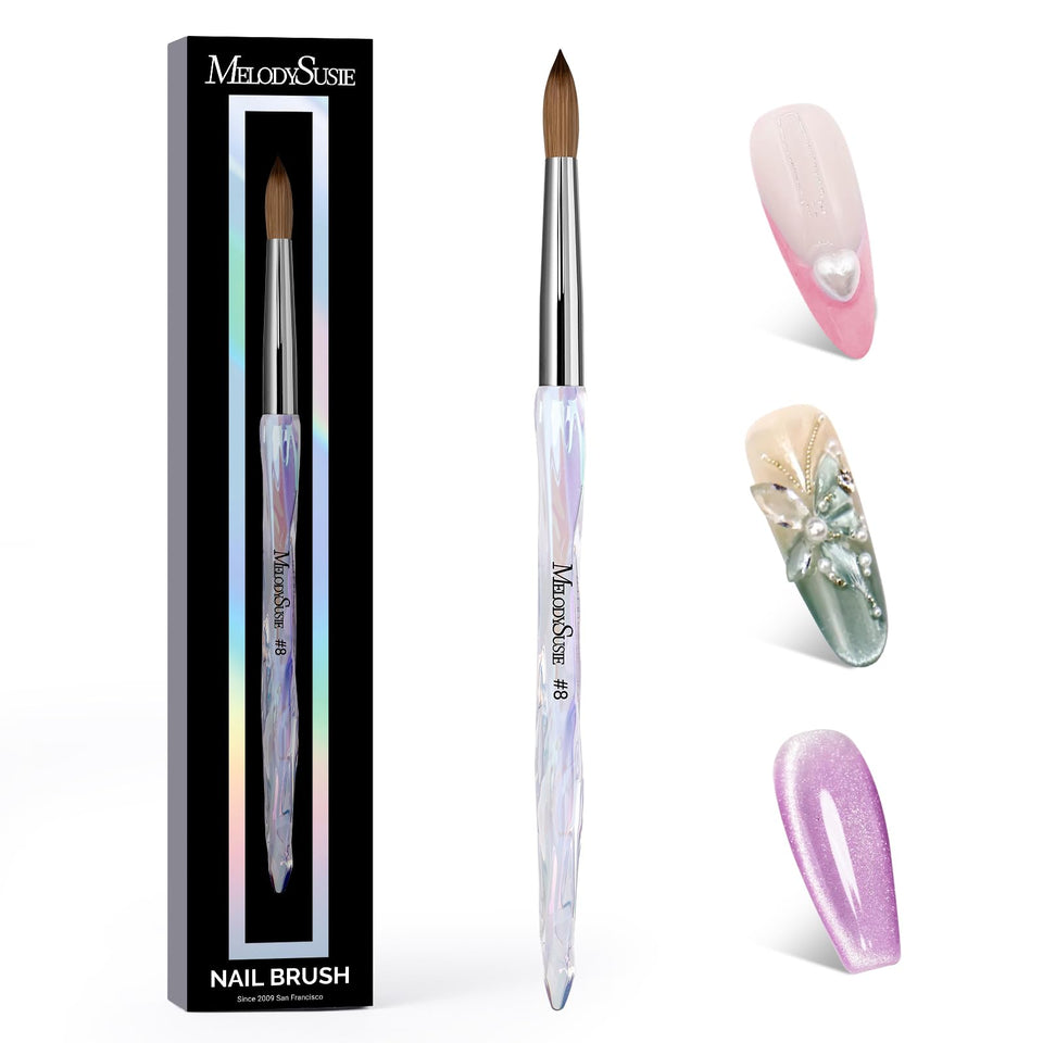 MelodySusie Kolinsky brush hair close-up highlights ultra-soft bristles for smooth acrylics.