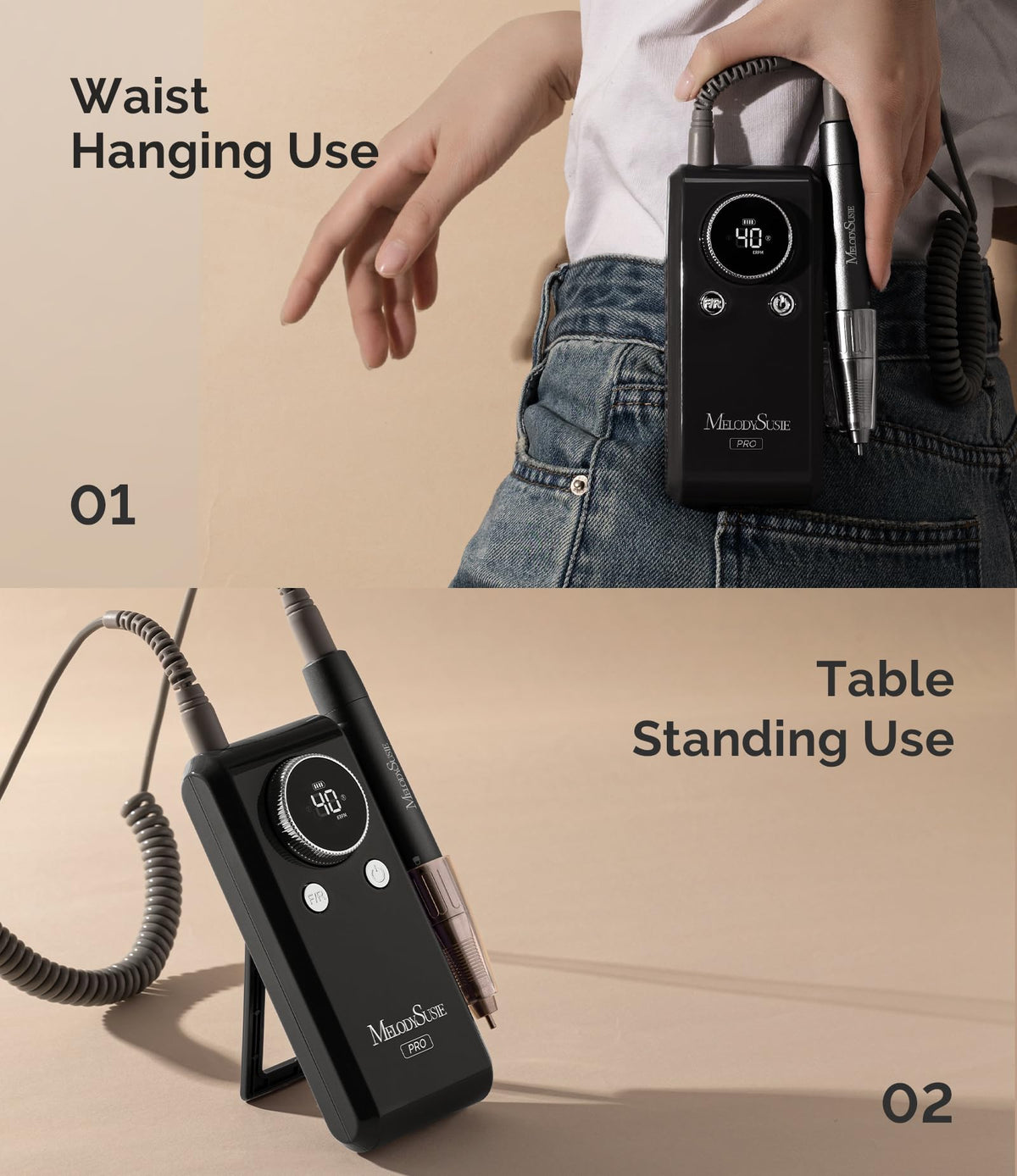 MB420G clip-on mechanism attached to waist for quick setup.