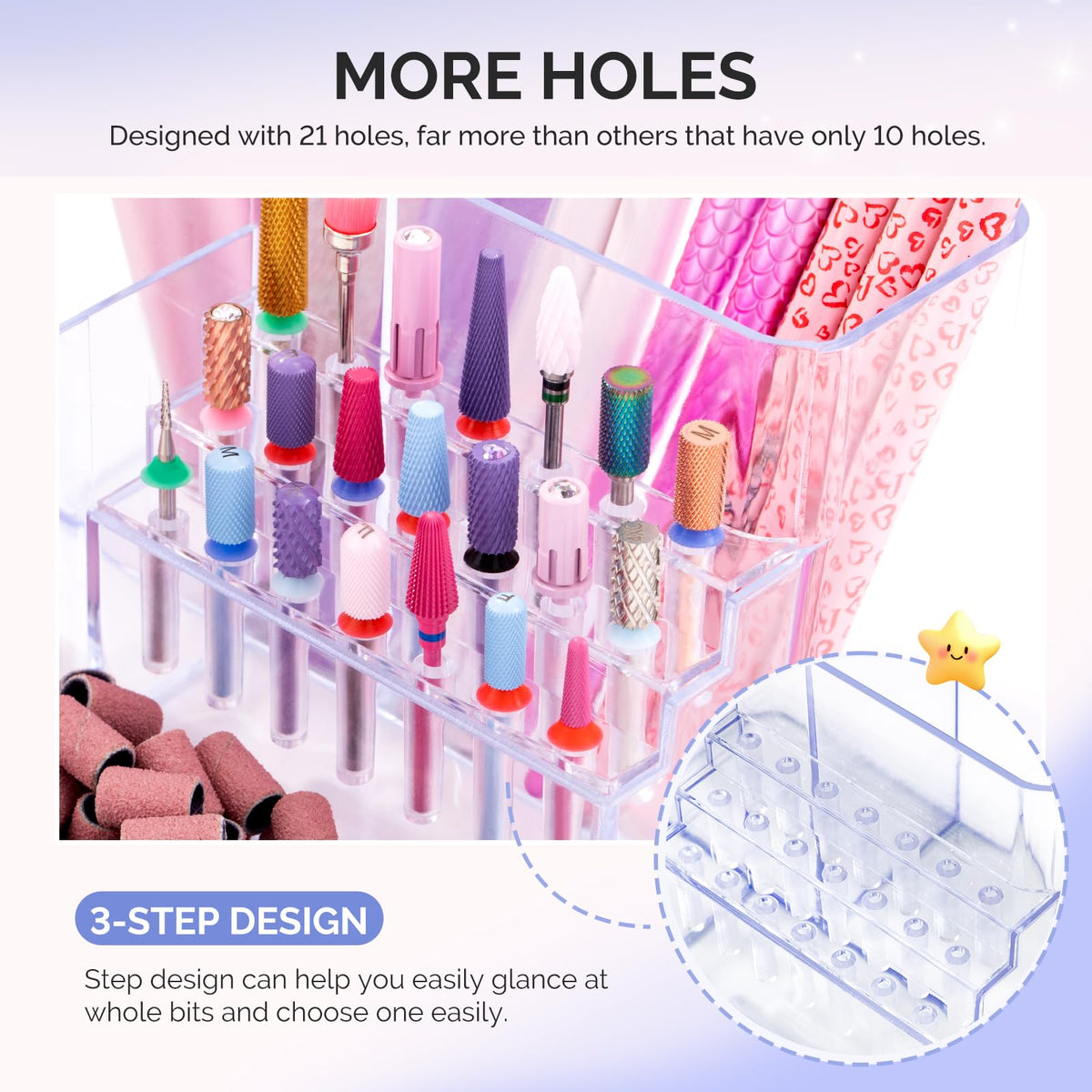 MelodySusie nail drill bit organizer neatly arranges carbide and diamond bits.
