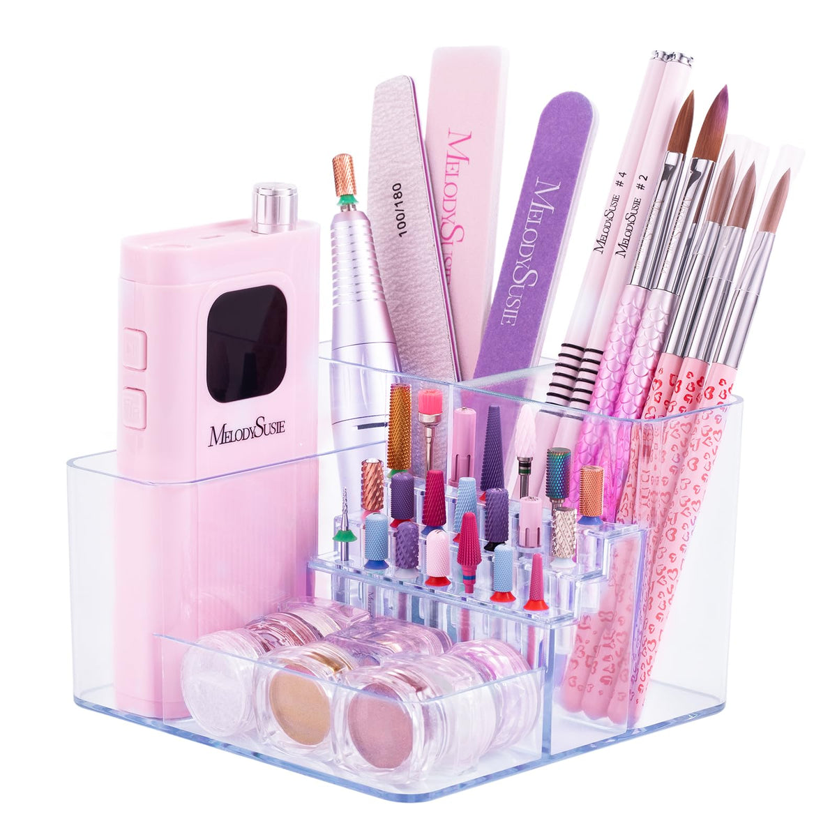 MelodySusie nail drill holder with 21-hole rack keeps bits organized.