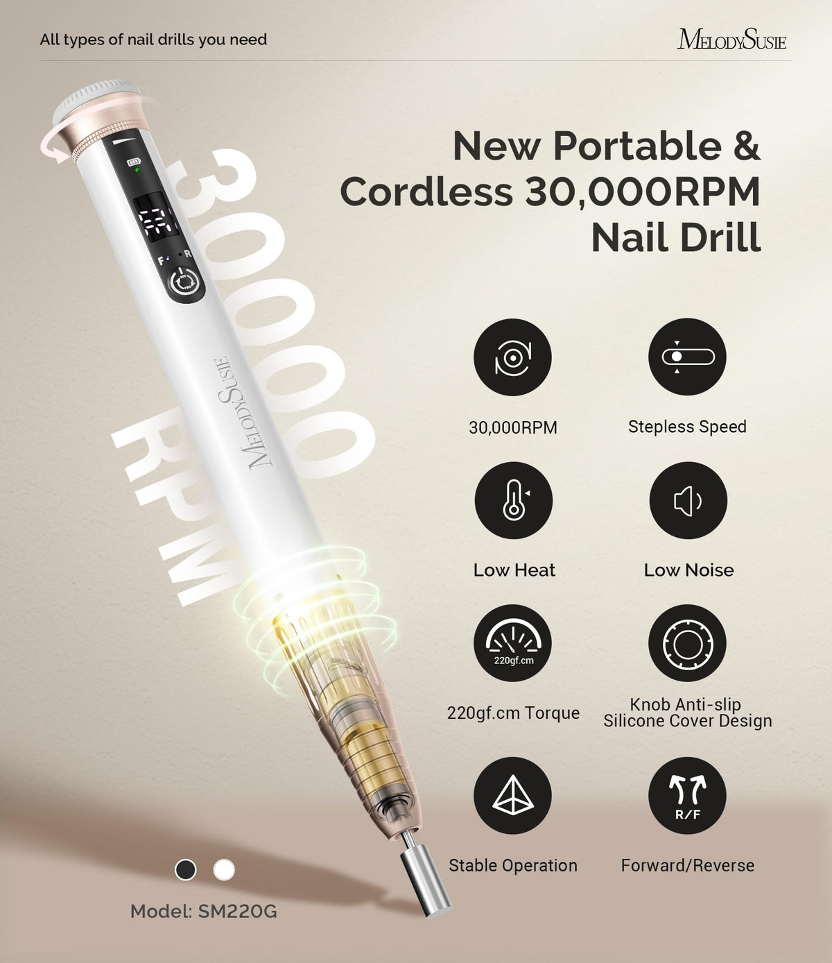 MelodySusie SM220G cordless drill reaches 30,000 RPM for efficient shaping and removal