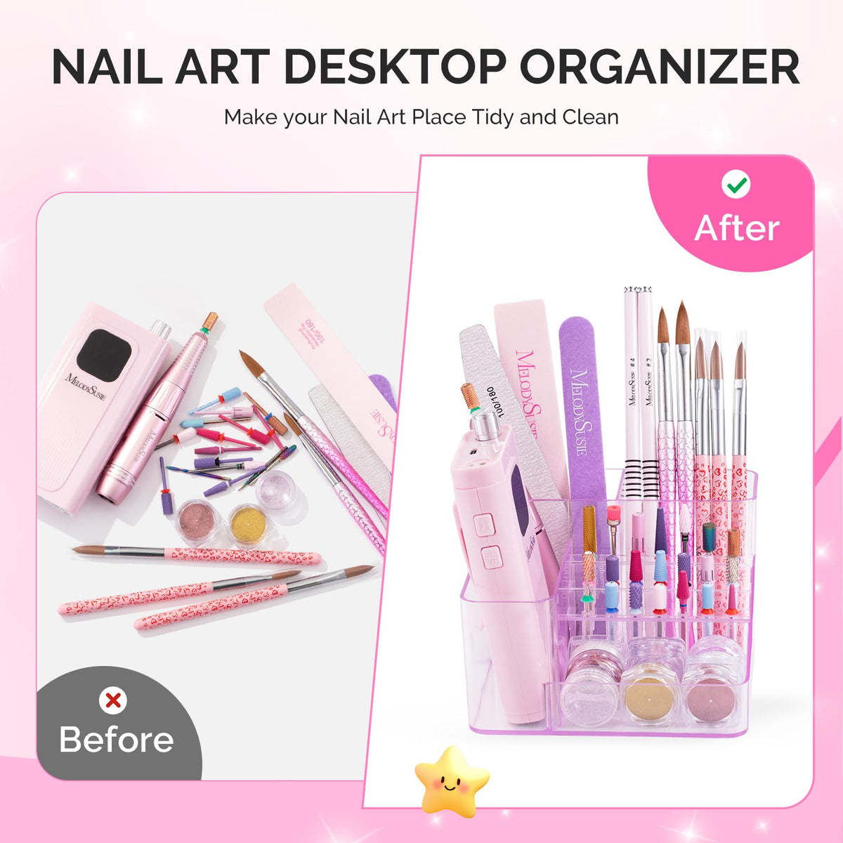 MelodySusie top layer storage for pens, files, and clippers.