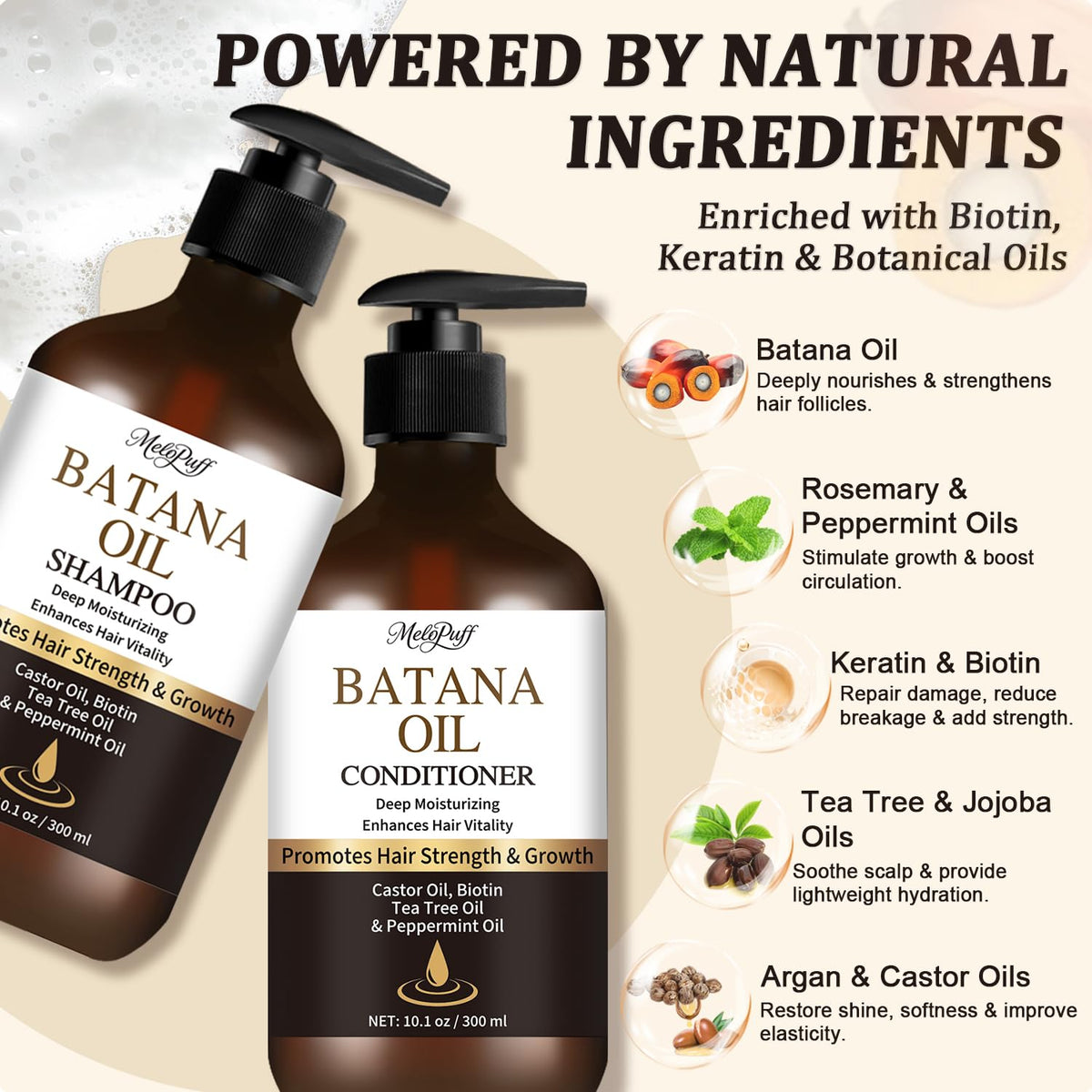 Melopuff Batana Oil Conditioner pump highlights detangling and moisture from mid-lengths