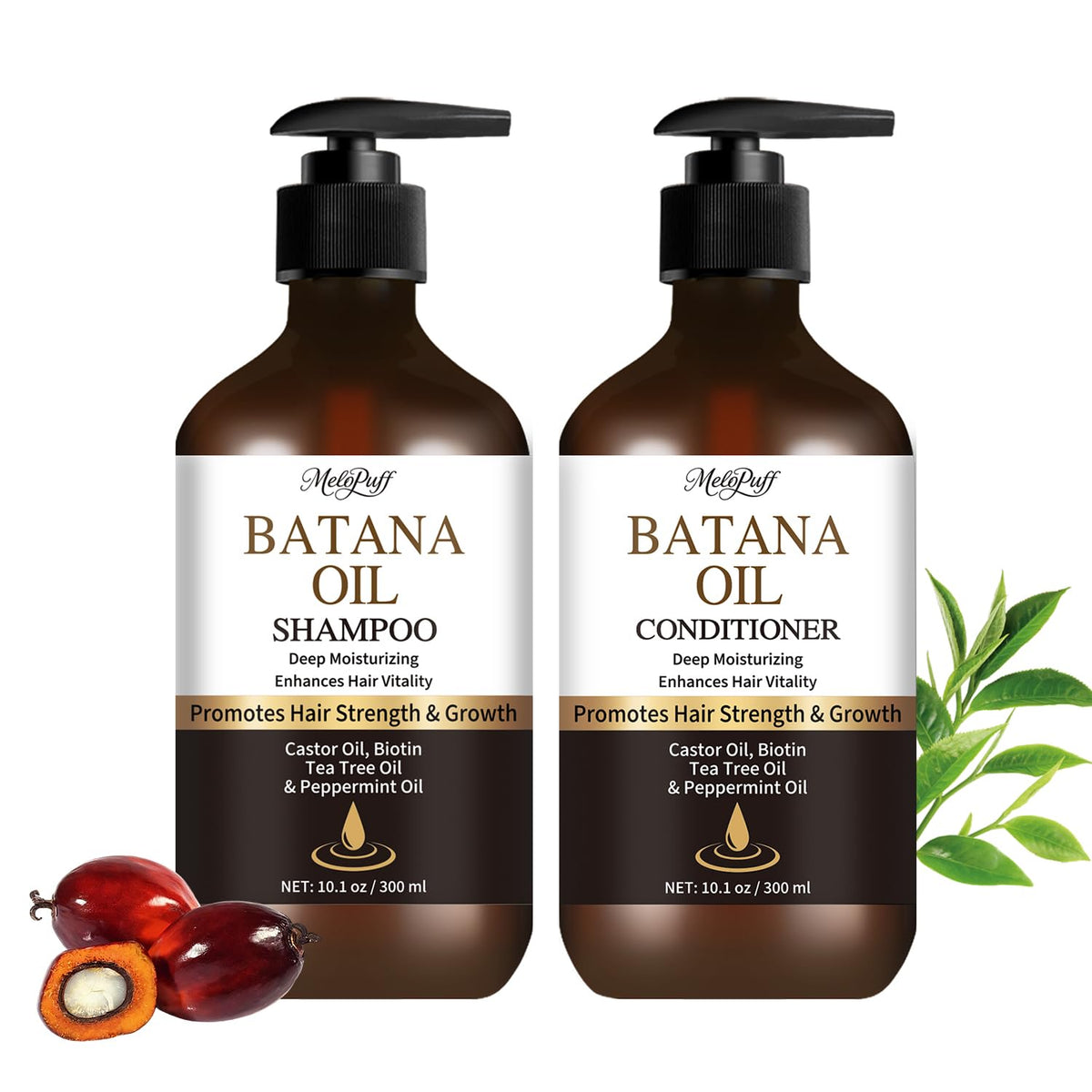 Melopuff Batana Oil Shampoo bottle highlighting scalp nourishment and fuller hair potential