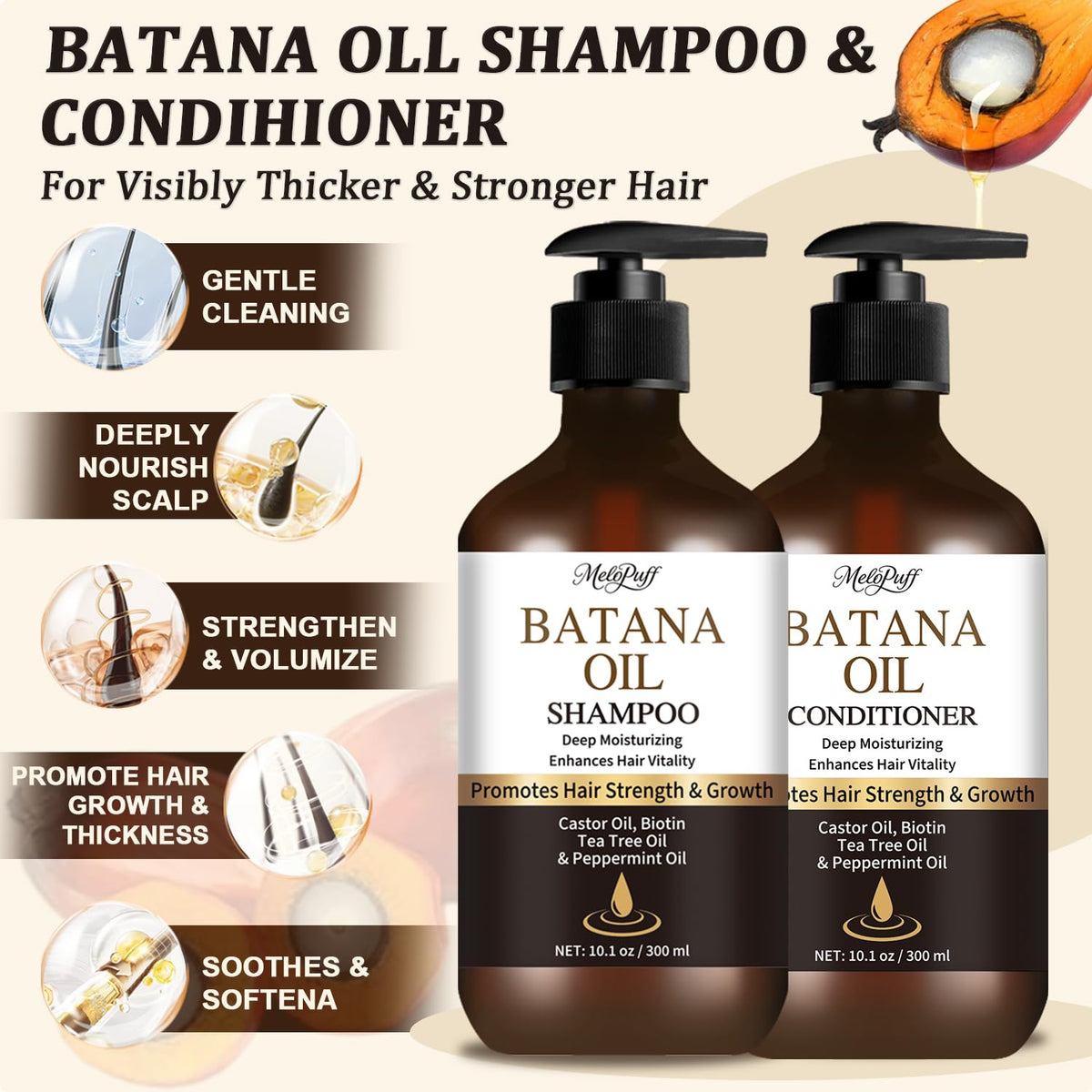 Melopuff Batana Oil Shampoo pour demonstrates even distribution for gentle cleansing